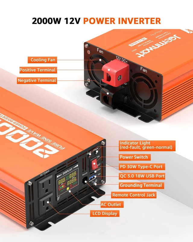 Alt view image 2 of 5 - Joemnwart 2000W Pure Sine Wave Power Inverter 12V DC to 110V AC Converter for RV Truck Off-Grid Solar Inverter with 2 Quick Charging USB Ports,Dual AC Outlets,LCD Display and Remote Control
