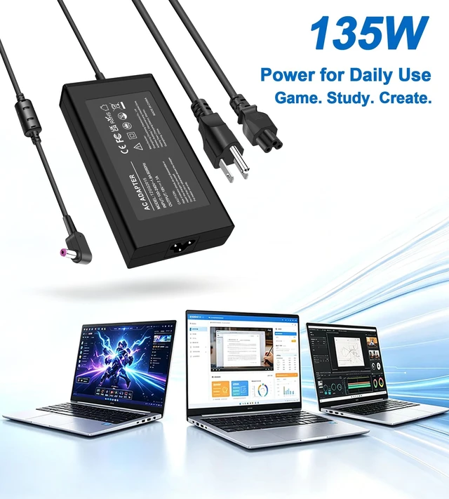 Alt view image 2 of 5 - 135W Charger Compatible with Acer Nitro 5 Gaming Laptops