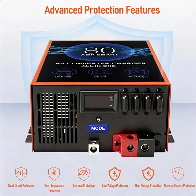 Alt view image 3 of 5 - 80 Amp RV Power Converter, 120V AC to 12V DC RV Converter Battery Charger, Compatible With Lithium Batteries Lead-Acid Batteries, Adjustable Voltage 13V-16.5V, Suitable for RV, Boat & Off-Grid Systems