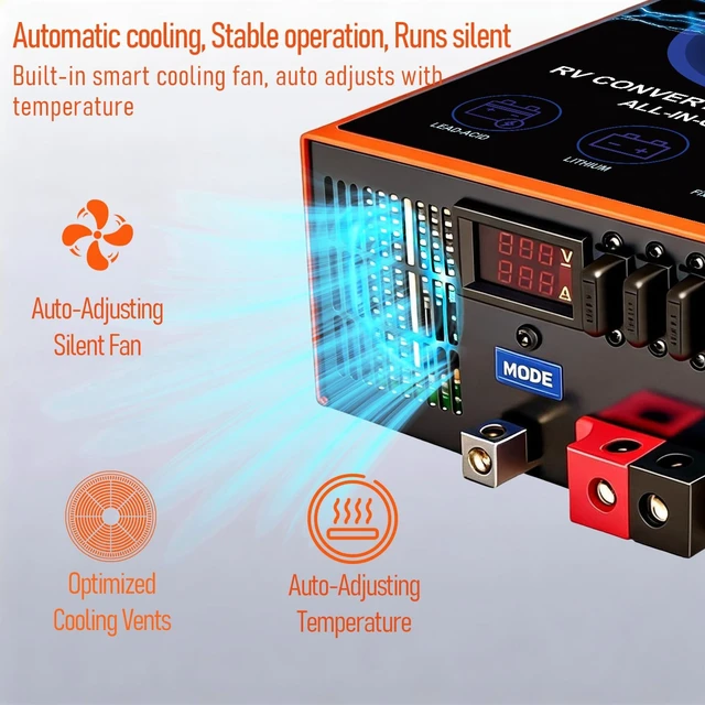 Alt view image 4 of 5 - 80 Amp RV Power Converter, 120V AC to 12V DC RV Converter Battery Charger, Compatible With Lithium Batteries Lead-Acid Batteries, Adjustable Voltage 13V-16.5V, Suitable for RV, Boat & Off-Grid Systems