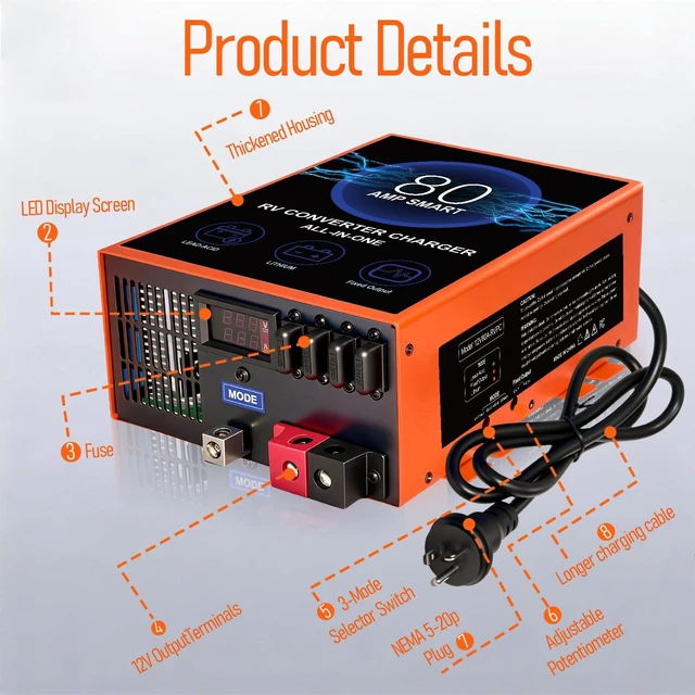 Alt view image 5 of 5 - 80 Amp RV Power Converter, 120V AC to 12V DC RV Converter Battery Charger, Compatible With Lithium Batteries Lead-Acid Batteries, Adjustable Voltage 13V-16.5V, Suitable for RV, Boat & Off-Grid Systems