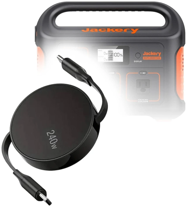 Main image of BoxWave Cable Compatible with Jackery Explorer 500 - PD miniSync (240W), Retractable PD 240W Portable USB Type-C Cable - Jet Black