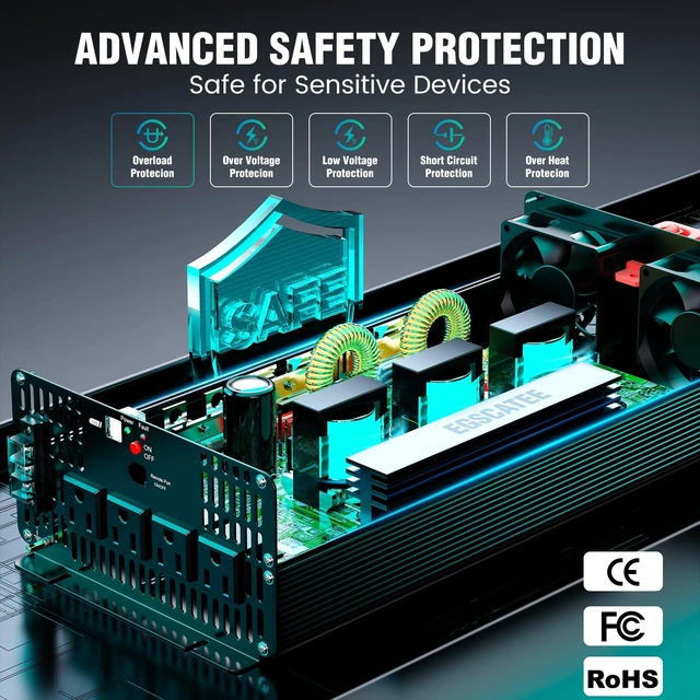 Alt view image 3 of 5 - 3000W Pure Sine Wave Inverter 12V DC to 110V/120V AC for Solar Off-Grid