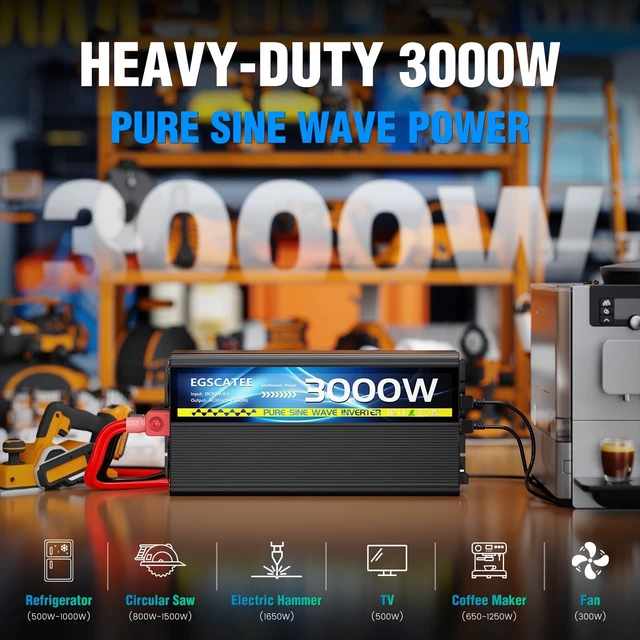 Alt view image 2 of 5 - 3000W Pure Sine Wave Inverter 12V DC to 110V/120V AC for Solar Off-Grid