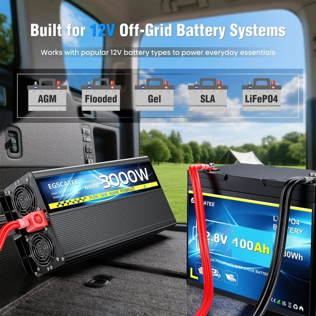 Alt view image 4 of 5 - 3000W Pure Sine Wave Inverter 12V DC to 110V/120V AC for Solar Off-Grid