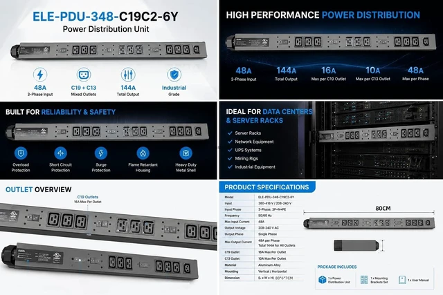 Alt view image 2 of 5 - 9+1 C19 PDU Power Distribution Unit 48A 3 Phase 208-240V,Rackmount PDU with 9 C19 16A, 1 C13 10A Outlets, 144A Max All-Aluminum housing, All-Copper connectors, and UL-Certified Crypt Power Strip