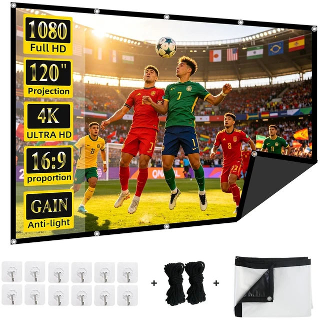 Main image of 120-Inch Anti-Light Projector Screen, 4K HD 16:9 Portable Outdoor Movie Screen, Black Backing Foldable Indoor Projection Screen with High Gain & 160 Viewing Angle for Home Theater, Camping