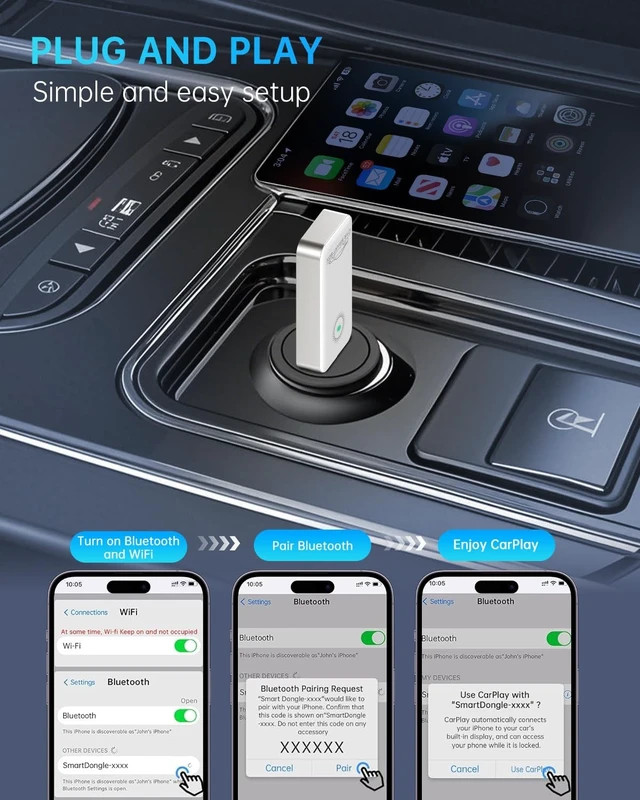 Alt view image 3 of 5 - TiMOVO Wireless CarPlay Adapter,Automatic Connection,Smooth & Stable, White