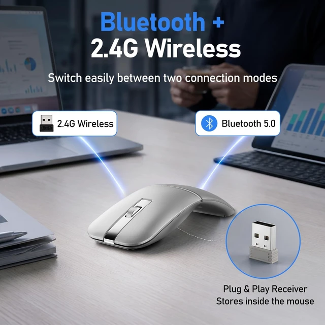 Alt view image 4 of 5 - Taimousetvs M9 Bluetooth Travel Mouse, 2.4 GHz, USB Receiver, Silver