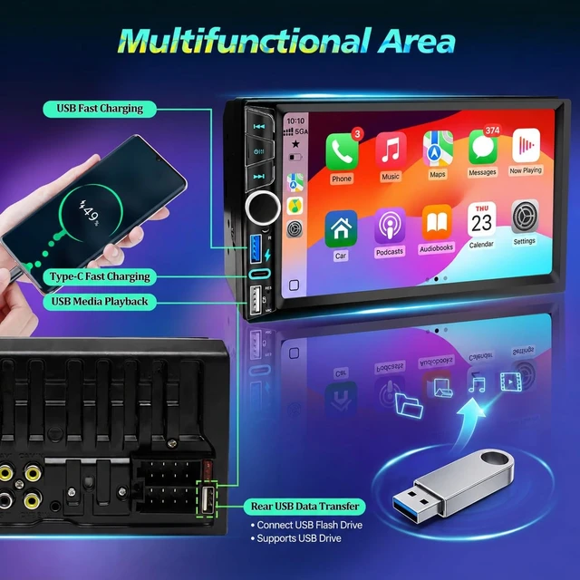 Alt view image 4 of 5 - Double Din Car Stereo Wireless Apple CarPlay Android Auto, 7 in Touchscreen