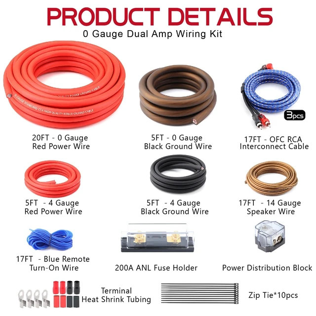 Alt view image 3 of 5 - 0 Gauge Dual Amp Wiring Kit with Power Cable,RCA,Speaker Wire for Audio