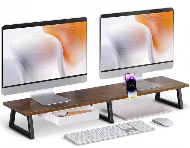 Main image of TEAMIX 42 inch Dual Monitor Stand with Storage Drawer & Phone Holder, Brown
