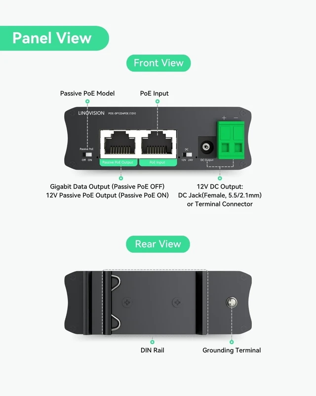 Alt view image 2 of 5 - LINOVISION Industrial Gigabit 30W PoE Splitter, 12V DC & Passive PoE Output