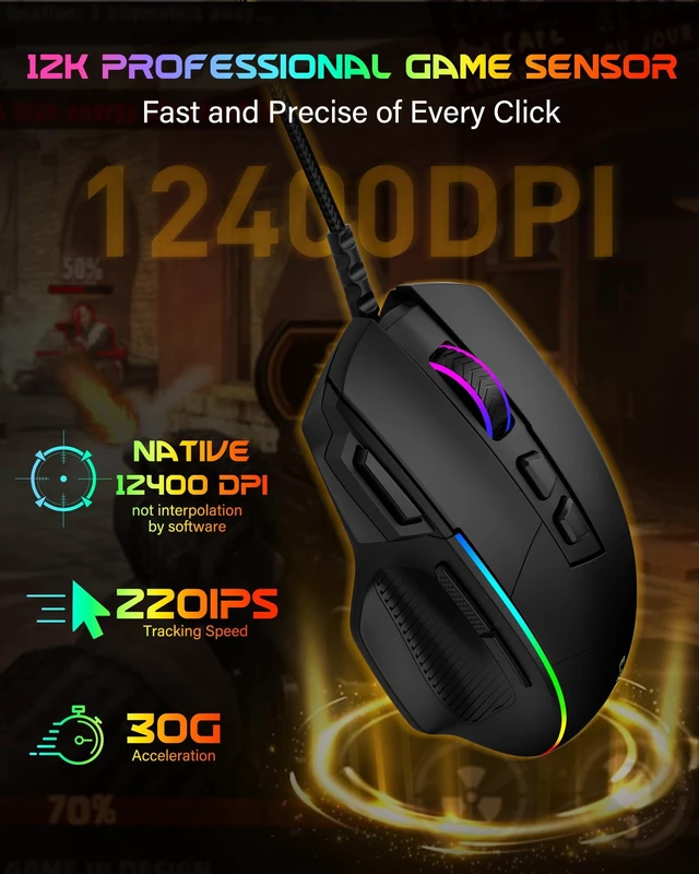 Alt view image 2 of 5 - X49 Wired Computer Gaming Mouse,Rapid Fire Key,12400 DPI, Ergonomic Grip