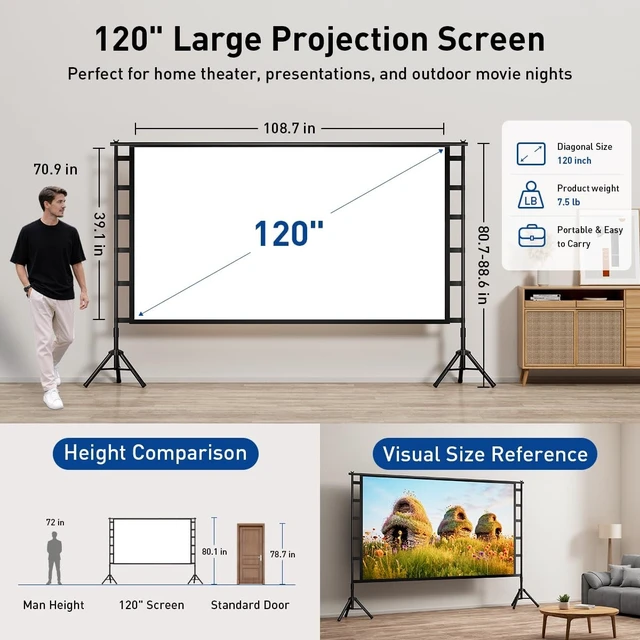 Alt view image 2 of 5 - 120 Inch Projector Screen with Stand, Portable Outdoor Movie Screen 16:9 4K HD Wrinkle-Free Projection Screen, Lightweight Indoor Outdoor Projector Screen with Carry Bag for Backyard Movie Night