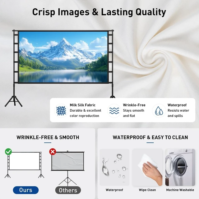 Alt view image 3 of 5 - 120 Inch Projector Screen with Stand, Portable Outdoor Movie Screen 16:9 4K HD Wrinkle-Free Projection Screen, Lightweight Indoor Outdoor Projector Screen with Carry Bag for Backyard Movie Night