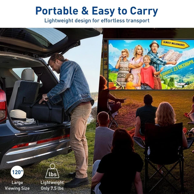 Alt view image 5 of 5 - 120 Inch Projector Screen with Stand, Portable Outdoor Movie Screen 16:9 4K HD Wrinkle-Free Projection Screen, Lightweight Indoor Outdoor Projector Screen with Carry Bag for Backyard Movie Night
