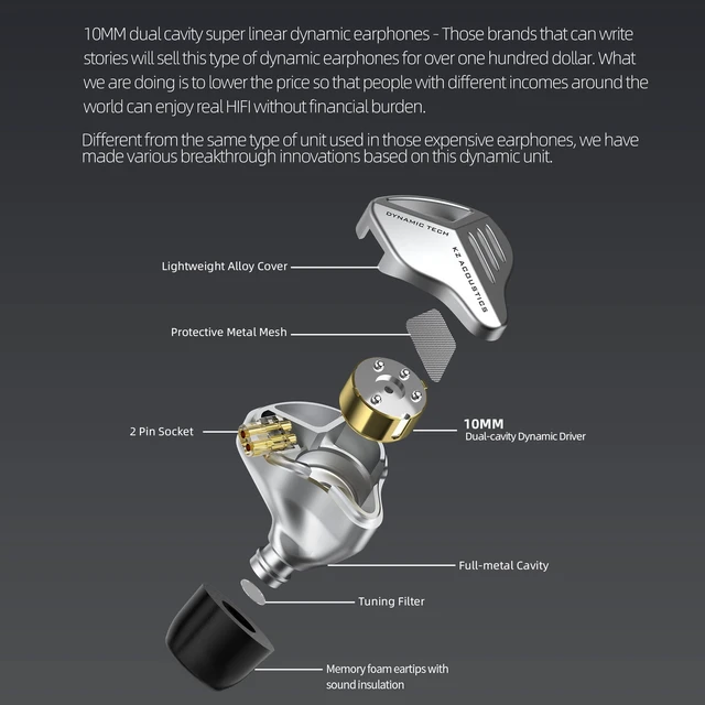 Alt view image 2 of 5 - KZ ZVX Dynamic Driver HiFi in Ear Headphones,Detachable Cable 0.75mm IEM Audiphile Earbuds,Sports Wired Earphones for Music (Black, with Microphone)