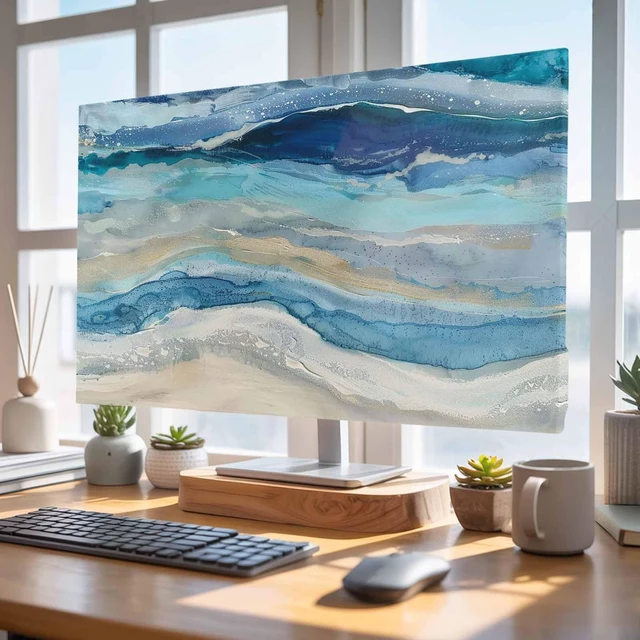 Alt view image 4 of 5 - Blue Coastal TV Cover Indoor Elastic TVs Screen Protector, Summer Beach Nautical Monitor Covers Inside Dust Proof Slipcover, Modern Abstract Art 55 Inch TV Cover for Flat or Curved TVs