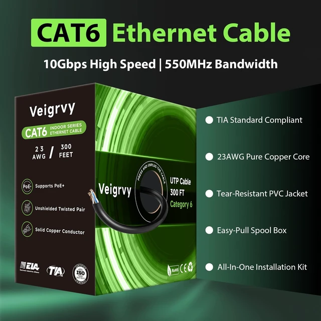 Alt view image 4 of 5 - Veigrvy Cat 6 Bulk Ethernet Cable 300 ft, 23AWG Solid Bare Copper, High Speed Cat6 Network LAN Cable with RJ45 Connector, 550MHz 10Gbps, PoE+, UTP, Compatible with Router, Modem, Gaming, PC, Black
