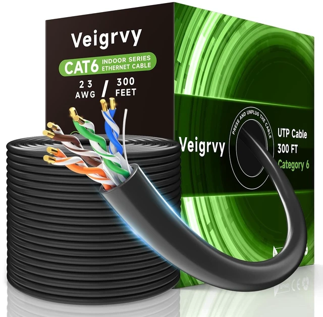 Main image of Veigrvy Cat 6 Bulk Ethernet Cable 300 ft, 23AWG Solid Bare Copper, High Speed Cat6 Network LAN Cable with RJ45 Connector, 550MHz 10Gbps, PoE+, UTP, Compatible with Router, Modem, Gaming, PC, Black