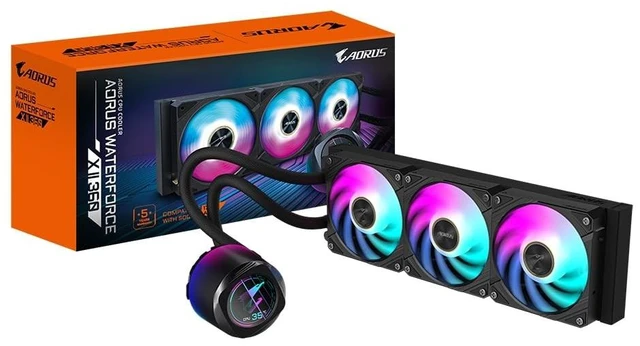 Main image of GIGABYTE AORUS WATERFORCE X II 360 LCD display AIO liquid cooler, Intel 2066, 2011,1366,115x,1700, AMD TR4, AM5, AM4, sTRX4