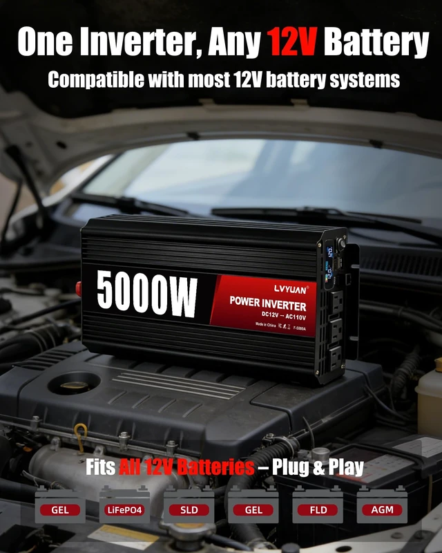 Alt view image 3 of 5 - 5000 Watt Power Inverter 12v to 110V/120V Converter Peak Power 10000W with 3 AC Outlets,1 USB Port, Remote Controller & LCD Screen DC to AC Inverter for RV Camping Off-Grid Solar Inverter Systems