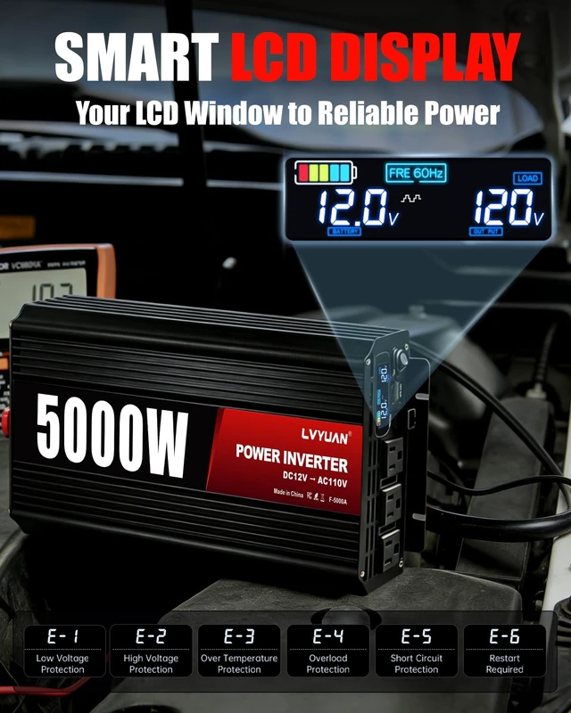 Alt view image 5 of 5 - 5000 Watt Power Inverter 12v to 110V/120V Converter Peak Power 10000W with 3 AC Outlets,1 USB Port, Remote Controller & LCD Screen DC to AC Inverter for RV Camping Off-Grid Solar Inverter Systems