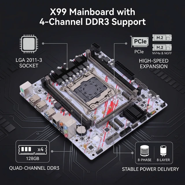 Alt view image 2 of 5 - VBESTLIFE X99 Gaming Motherboard, LGA 2011 3 Socket Support for E5 V3 V4 CPU, 4 Channel DDR3 128GB, Dual M.2 NVMe NGFF, PCIe x16, Gigabit LAN, USB 3.0, for Desktop PC