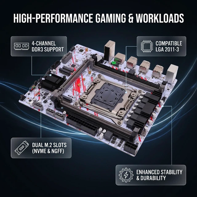 Alt view image 3 of 5 - VBESTLIFE X99 Gaming Motherboard, LGA 2011 3 Socket Support for E5 V3 V4 CPU, 4 Channel DDR3 128GB, Dual M.2 NVMe NGFF, PCIe x16, Gigabit LAN, USB 3.0, for Desktop PC