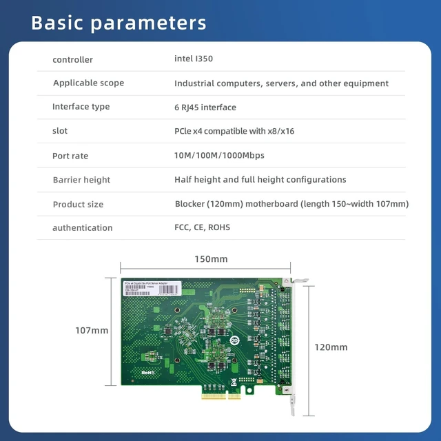 Alt view image 3 of 5 - Buacoz 6-Port Gigabit Server Network Card Adapter PCI-E X4, with Intel I350 Chip I350-T6, RJ45 Ethernet NIC for Server/PC