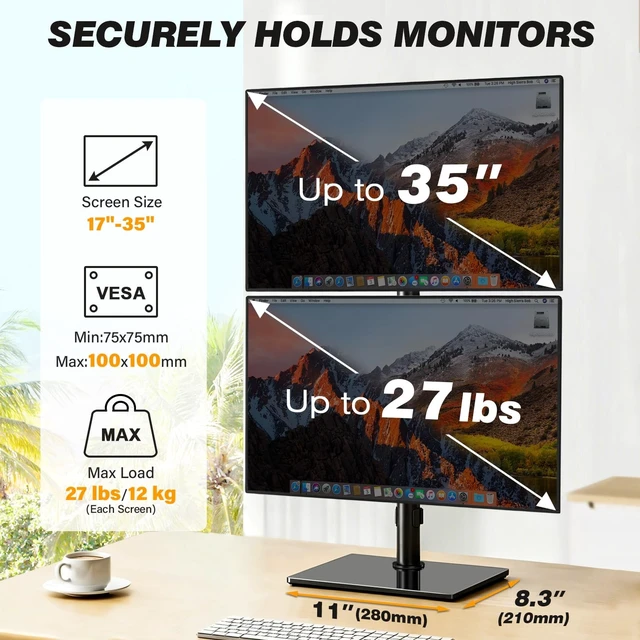 Alt view image 3 of 5 - 5Rcom Vertical Dual Monitor Freestanding Stand, Holds Two 17-35 Inch Regular & Ultrawide Screens, Square Tempered Glass Base VESA Mount, Adjustable Height, Tilt, Swivel, Rotation, Black