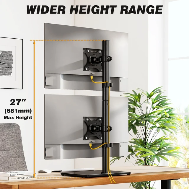 Alt view image 4 of 5 - 5Rcom Vertical Dual Monitor Freestanding Stand, Holds Two 17-35 Inch Regular & Ultrawide Screens, Square Tempered Glass Base VESA Mount, Adjustable Height, Tilt, Swivel, Rotation, Black
