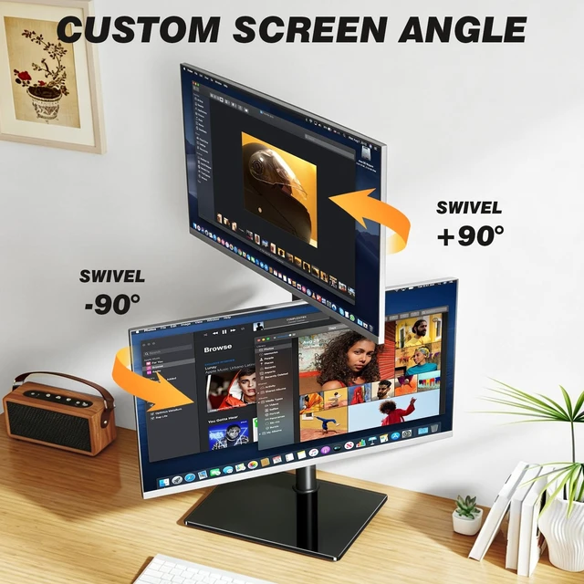 Alt view image 5 of 5 - 5Rcom Vertical Dual Monitor Freestanding Stand, Holds Two 17-35 Inch Regular & Ultrawide Screens, Square Tempered Glass Base VESA Mount, Adjustable Height, Tilt, Swivel, Rotation, Black