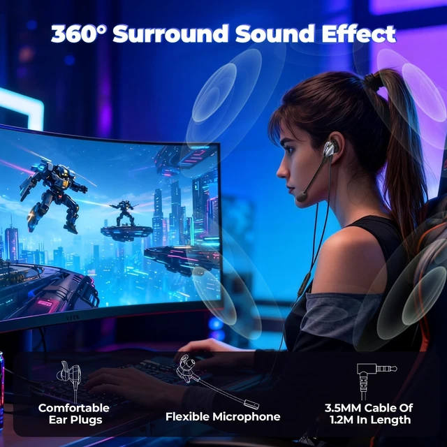 Alt view image 2 of 5 - Wired Gaming Earbuds with Dual Mic for Mobile, Deep Bass, Volume Control
