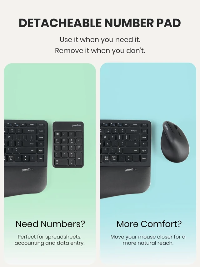 Alt view image 3 of 5 - Perixx PERIDUO-606IIA 3-in-1 Wireless Compact Ergonomic Keyboard with Vertical Mouse and Numeric Keypad - Quiet Keys & Clicks - US English