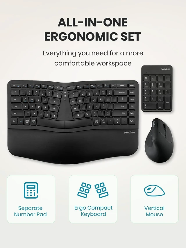 Alt view image 2 of 5 - Perixx PERIDUO-606IIA 3-in-1 Wireless Compact Ergonomic Keyboard with Vertical Mouse and Numeric Keypad - Quiet Keys & Clicks - US English