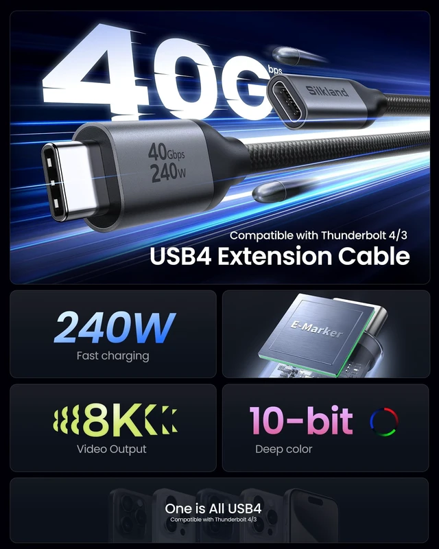 Alt view image 5 of 5 - Silkland 40Gbps USB4 USB C Extension Cable 240W for Thunderbolt 4, 5 FT