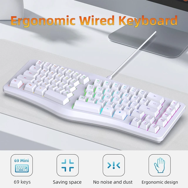 Alt view image 2 of 5 - Yunseity Ergonomic Split Keyboard, Wired 69 Key with 18 Modes RGB Backlit Keyboard for Computer, Comfortable Keycaps, Shared Spaces, Split Design for Comfort Typing (White)