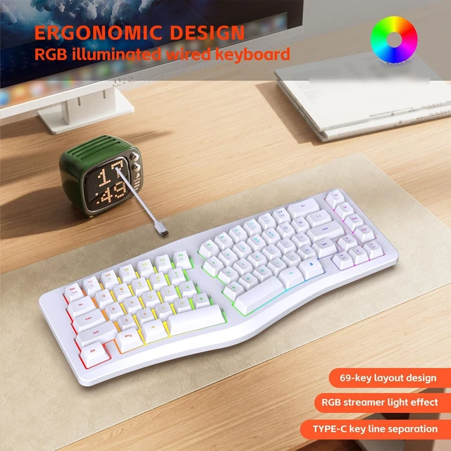 Alt view image 4 of 5 - Yunseity Ergonomic Split Keyboard, Wired 69 Key with 18 Modes RGB Backlit Keyboard for Computer, Comfortable Keycaps, Shared Spaces, Split Design for Comfort Typing (White)