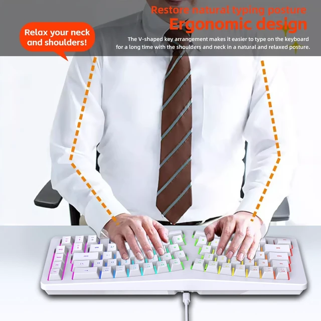 Alt view image 5 of 5 - Yunseity Ergonomic Split Keyboard, Wired 69 Key with 18 Modes RGB Backlit Keyboard for Computer, Comfortable Keycaps, Shared Spaces, Split Design for Comfort Typing (White)