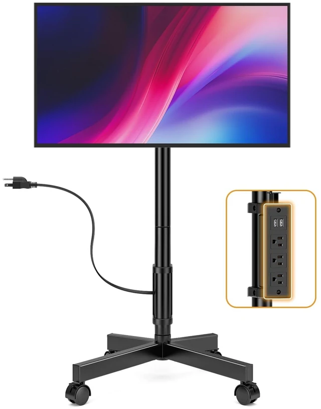 Main image of Mobile TV Stand with Power Outlets, Floor Portable TV Stand with Wheels for 23-60 Inch LCD LED OLED Panel Screen TVs with Rotation Socket Around the Pole Height Adjustable Tilt, RollingTV Cart Black