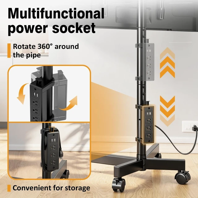 Alt view image 2 of 5 - Mobile TV Stand with Power Outlets, Floor Portable TV Stand with Wheels for 23-60 Inch LCD LED OLED Panel Screen TVs with Rotation Socket Around the Pole Height Adjustable Tilt, RollingTV Cart Black