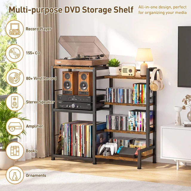 Alt view image 2 of 5 - ikkle CD Storage Rack, 7-Tier DVD Storage Shelf Tower, Rustic Brown