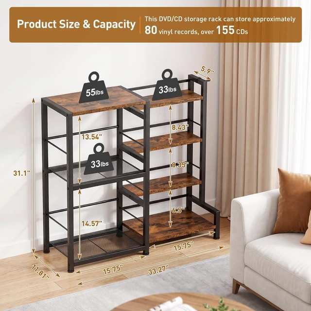 Alt view image 3 of 5 - ikkle CD Storage Rack, 7-Tier DVD Storage Shelf Tower, Rustic Brown