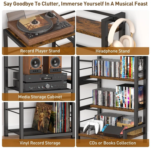Alt view image 5 of 5 - ikkle CD Storage Rack, 7-Tier DVD Storage Shelf Tower, Rustic Brown