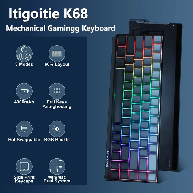 Alt view image 2 of 5 - Itigoitie 60% Wireless Mechanical Keyboard, Hot Swappable Tri-Mode 2.4GHz/Bluetooth/USB-C, RGB Backlit Gaming Keyboard with PBT Keycaps, Compatible with Windows, Mac & Android