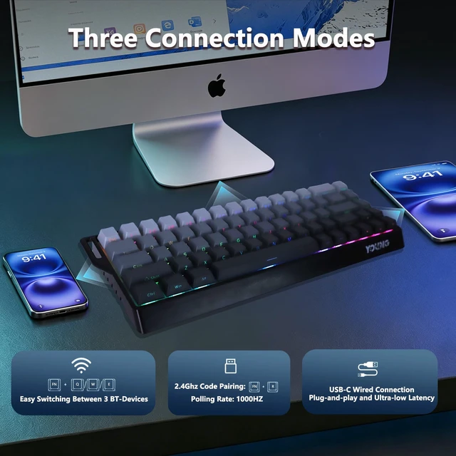 Alt view image 3 of 5 - Itigoitie 60% Wireless Mechanical Keyboard, Hot Swappable Tri-Mode 2.4GHz/Bluetooth/USB-C, RGB Backlit Gaming Keyboard with PBT Keycaps, Compatible with Windows, Mac & Android