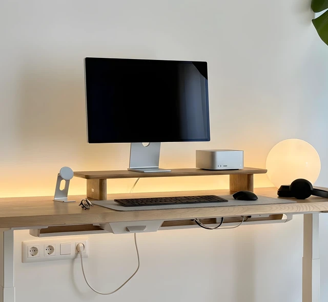 Alt view image 3 of 5 - FISUA White Oak Single Monitor Stand Riser - 31.5" Wooden Monitor Stand for iMac, Laptop & Monitor, Minimalist Desk Shelf Organizer