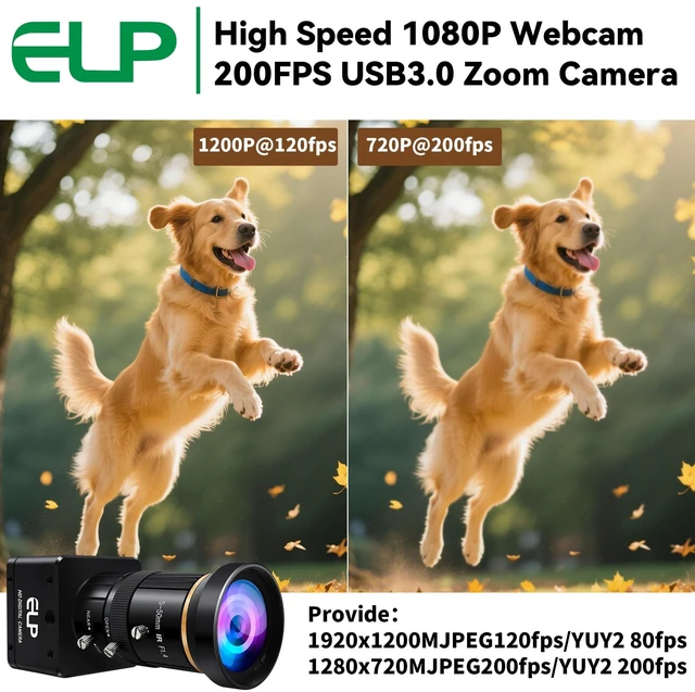Alt view image 3 of 5 - ELP High Speed Global Shutter USB3.0 Zoom Camera, 720P/200fps, 1200P/120fps, 5-50mm 10X Zoom Webcam, USB3.0/2.0 Manual Focus Lightburn Cameras for Windows, Linux, Mac, Pi